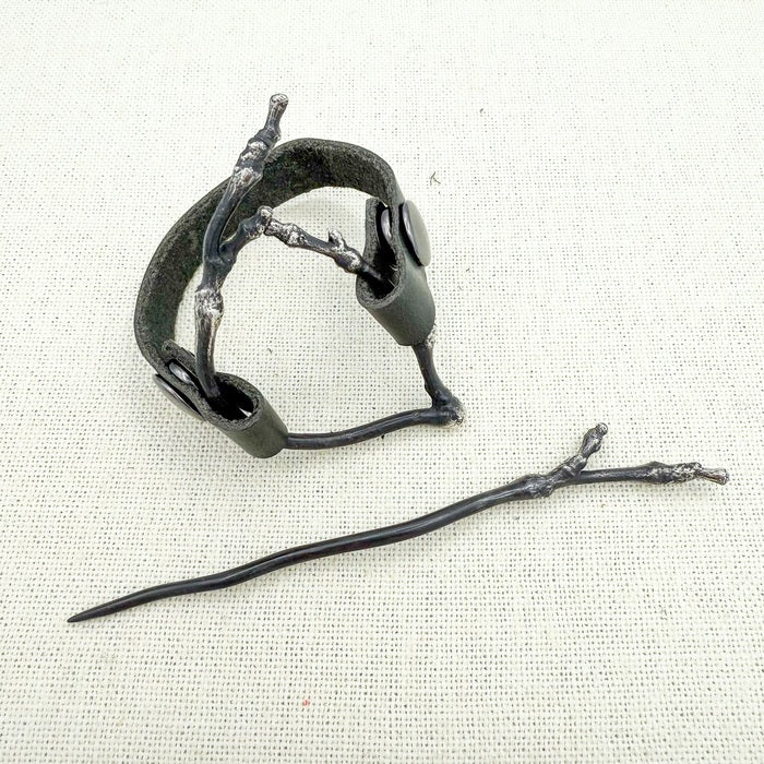 Black | Leather and Twig Shawl Pin