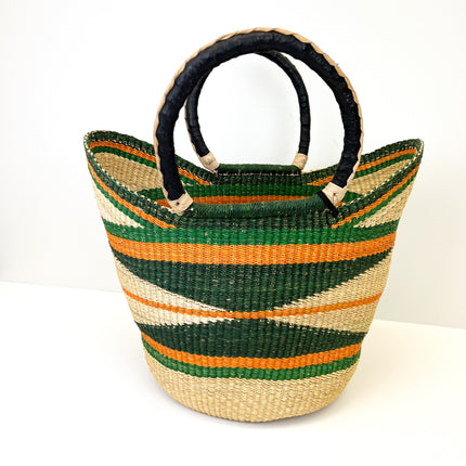 African Bolga Basket | U Shopper Large | Orange and Green Diamond