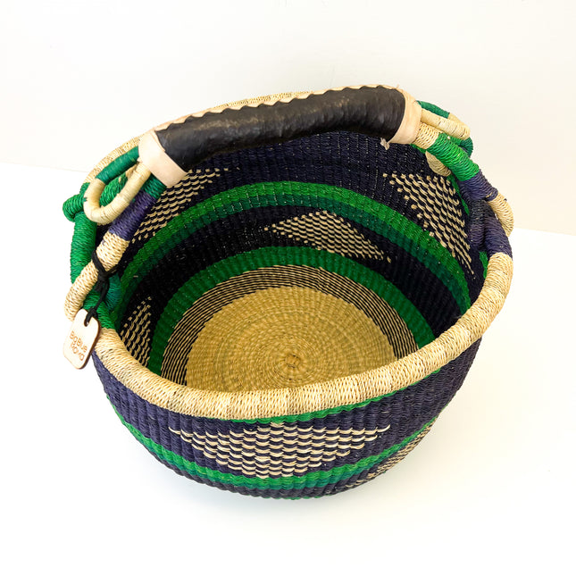 African Bolga Basket | Round Large | Navy & Green Diamond